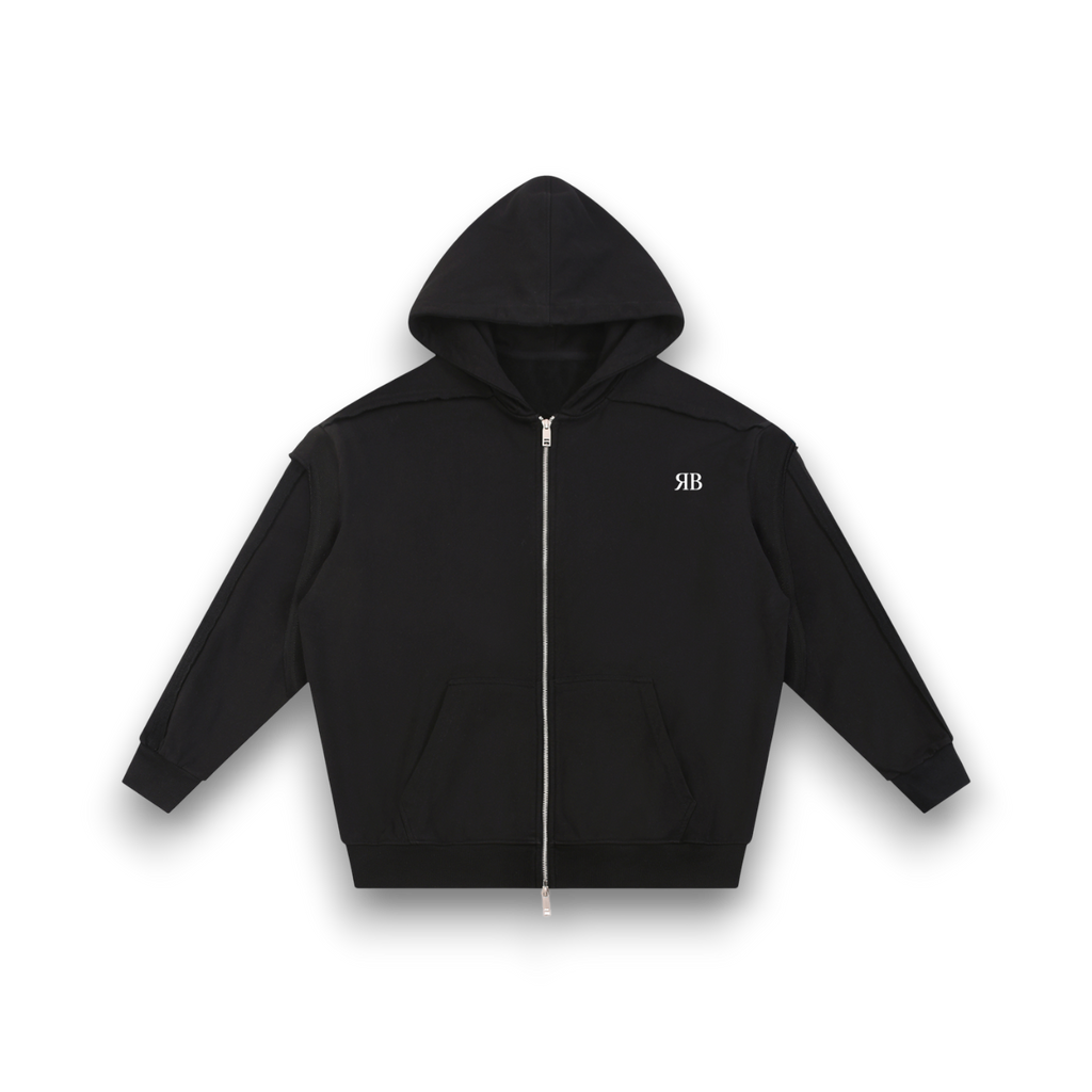 RB Contrast Tape Raw Edge Double Layered Zip Hoodie