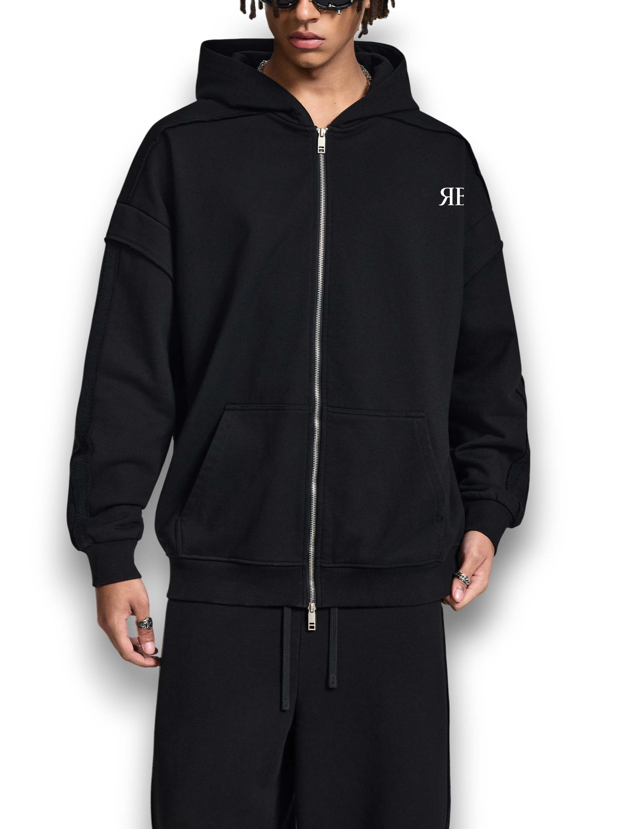 RB Contrast Tape Raw Edge Double Layered Zip Hoodie