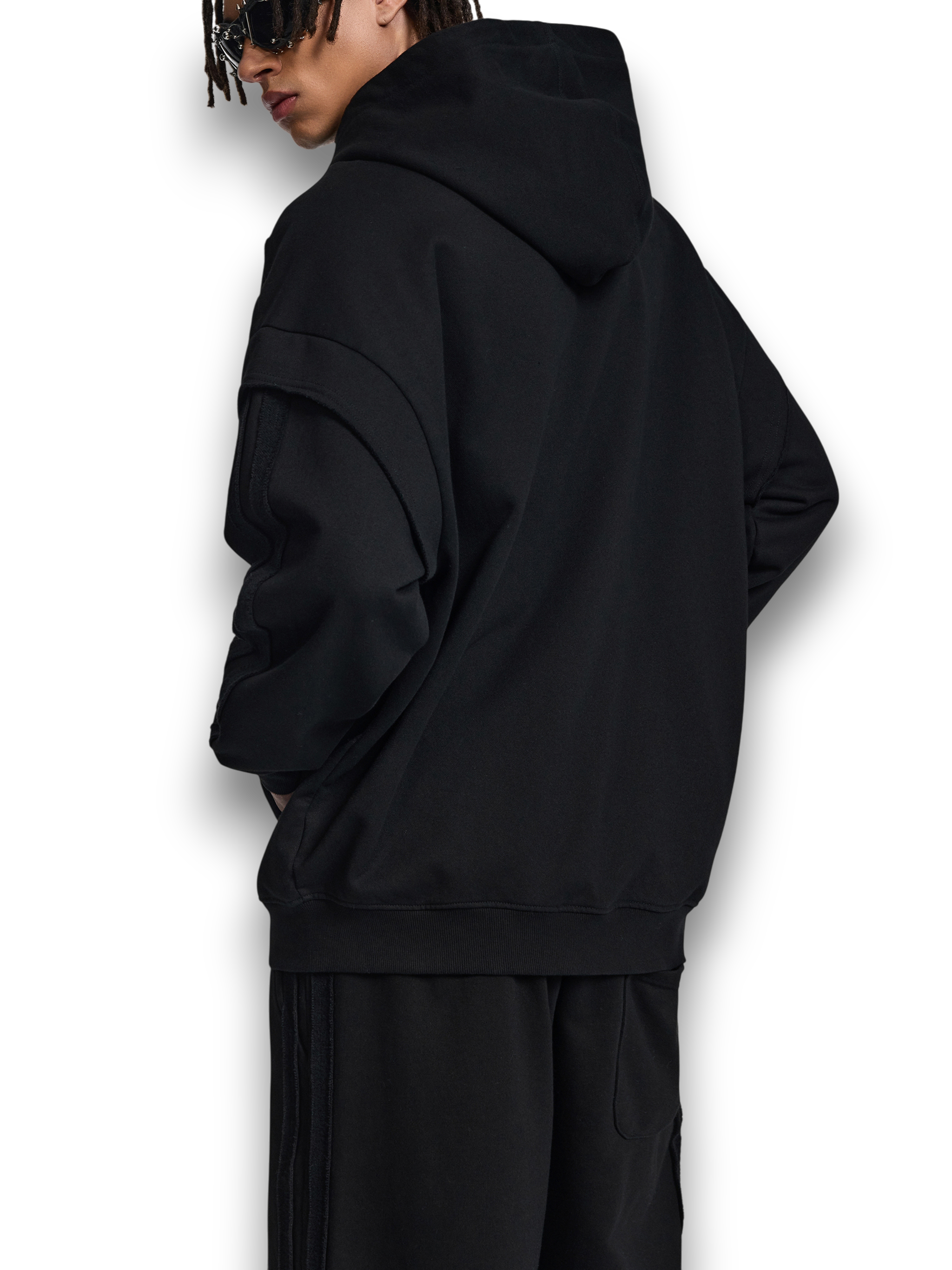 RB Contrast Tape Raw Edge Double Layered Zip Hoodie